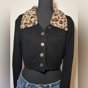 SOLD - Black Ribbed Button-Up Cardigan with Leopard Faux-Fur Collar